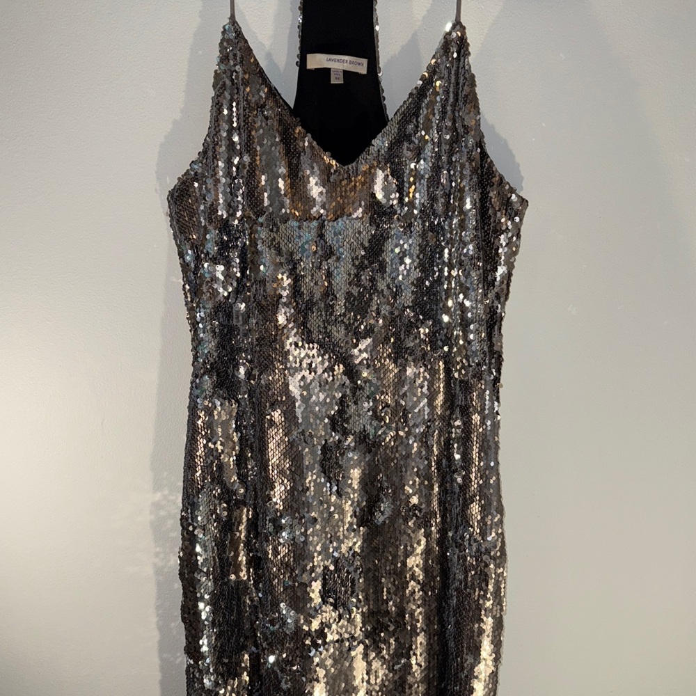 Lavender Brown Metallic Silver Sequin Racerback Mini Dress - Size Medium